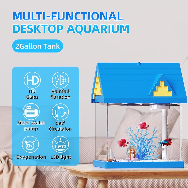FREESEA Aquarium Betta Fish Tank: 2 Gallon Glass Betta Tank with Filter and Light for Shrimp Jellyfish Goldfish - Small Aquarium Starter Kit for Home Office Room Decorative Desktop Kids Gifts - Image 3